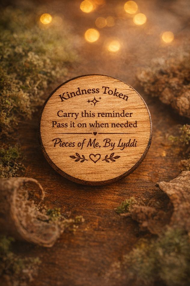 Kindness Token resting in a warm mossy woodland setting