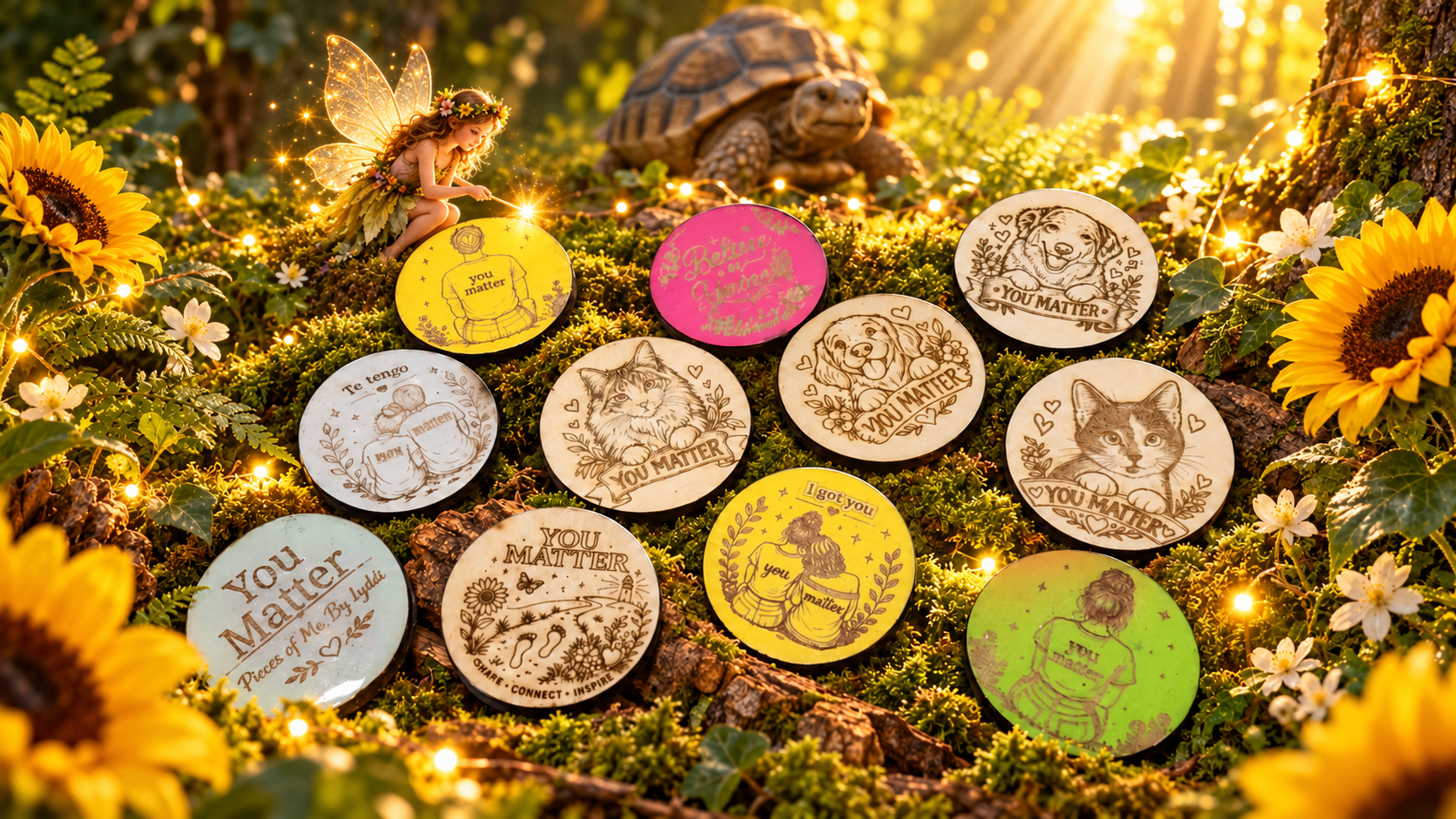 A glowing woodland display of Lyddi's real heartwork tokens surrounded by moss, sunflowers, a fairy, and a sulcata tortoise