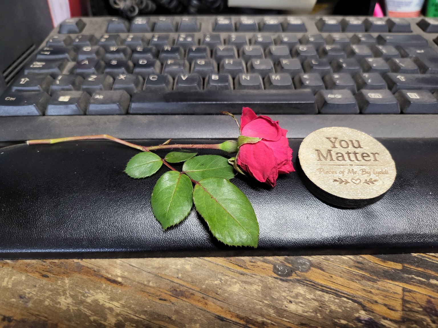 A You Matter token resting beside a red rose