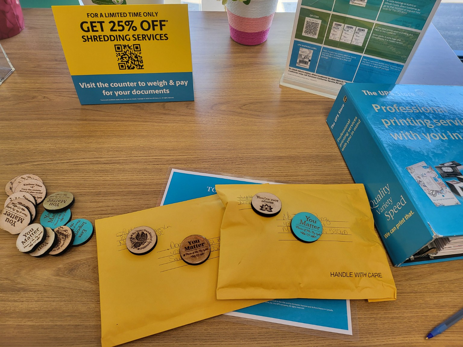 Heartwork tokens placed on a public service counter
