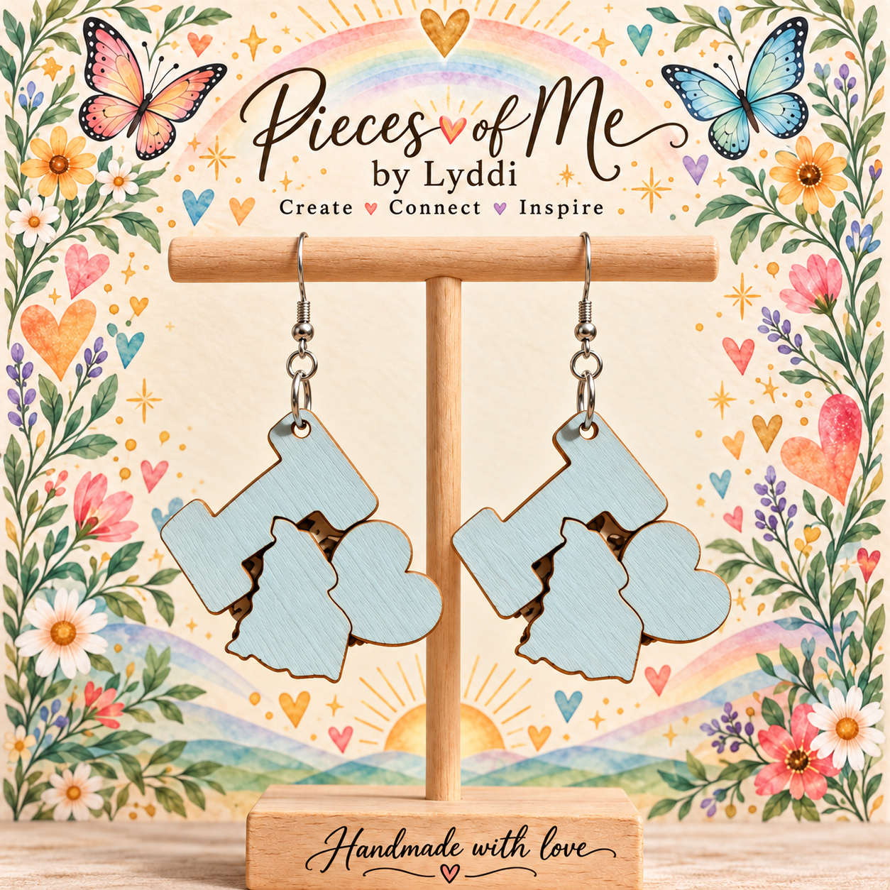 South Carolina Home Is Where the Heart Is wooden earrings displayed on a simple wooden stand in a warm watercolor garden