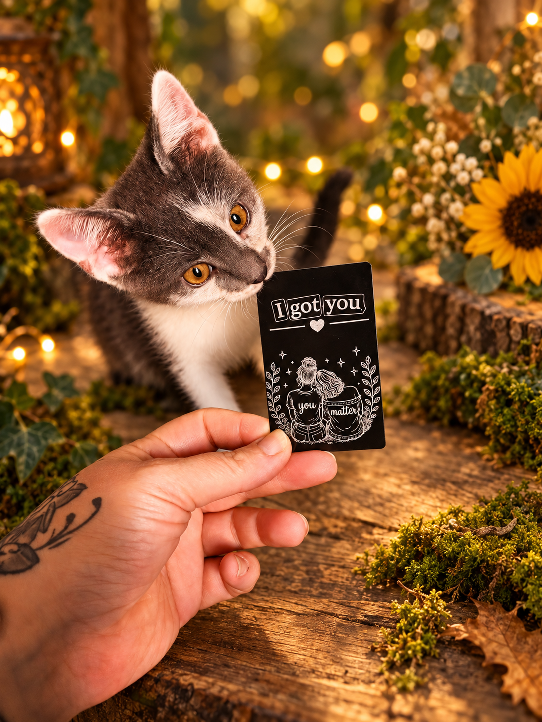 Miss Ruby inspecting a Pocket Note for the Soul held in Lyddi's hand