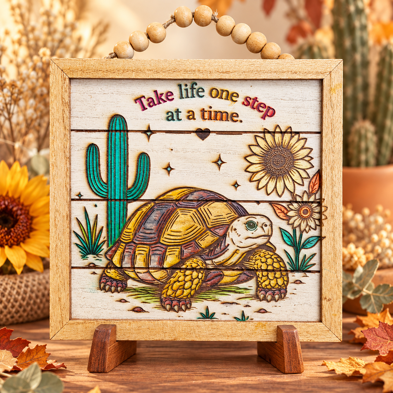 Colorful handmade framed tortoise sign reading Take life one step at a time, displayed on a simple wooden stand in a warm fall setting